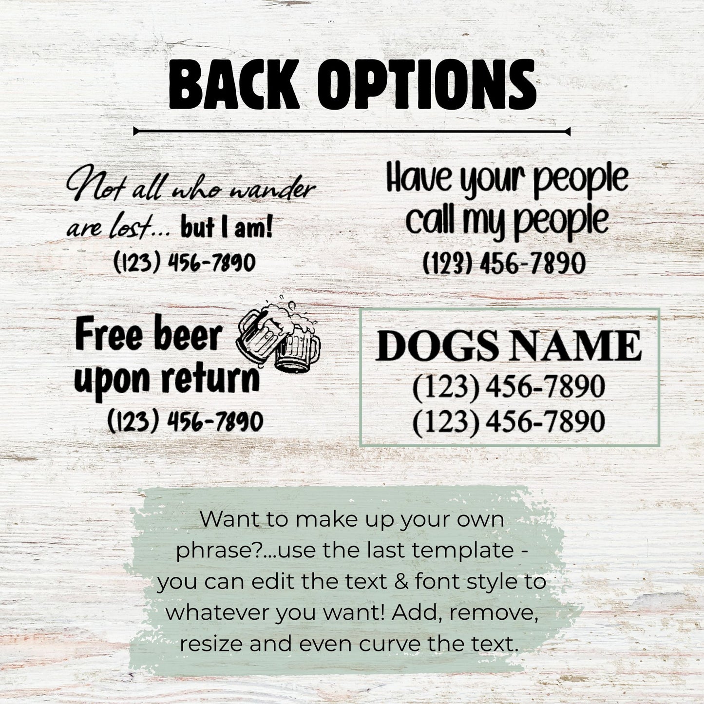 Collection of customizable text options on a wooden background