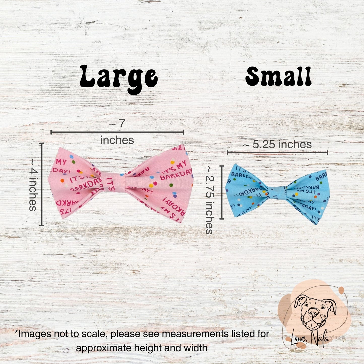 Size chart for pet bowties. The bowties are on a light wooden background and features the measurements for the large and small sizes