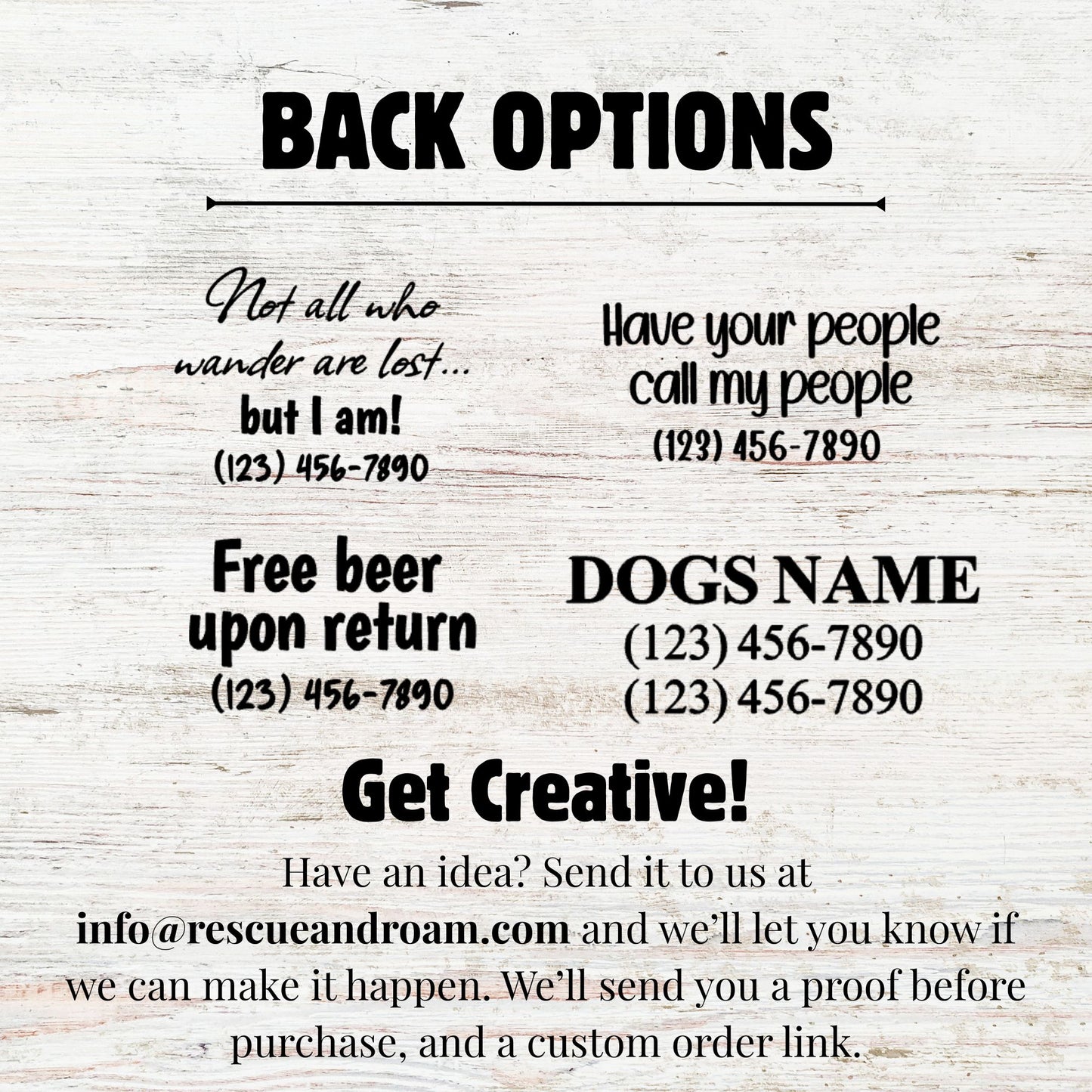 Text options for a product with customizable phrases and contact information on a light wood background.