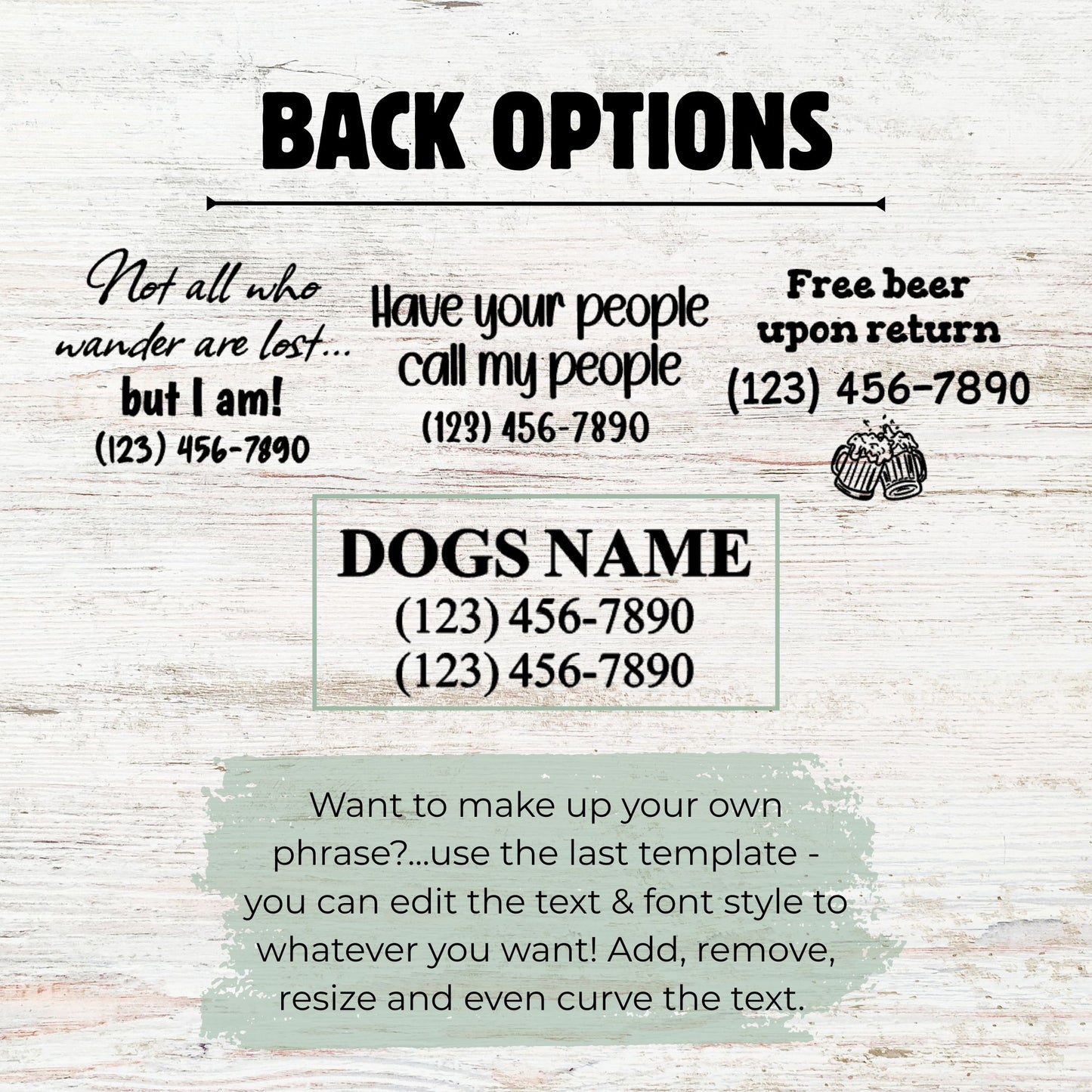 Text options for a product with customizable phrases and contact information on a light wood background.