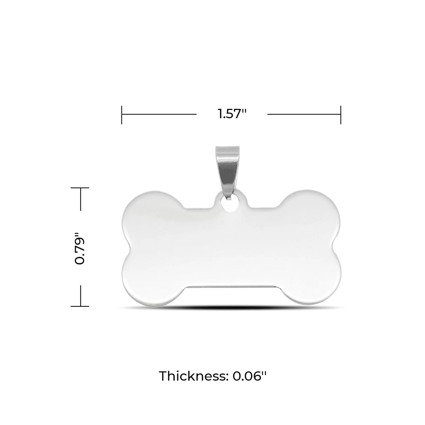 White bone-shaped pendant with dimensions on a white background