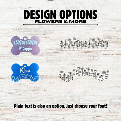 Design options for personalized pet tags with floral patterns and plain text on a wooden background.