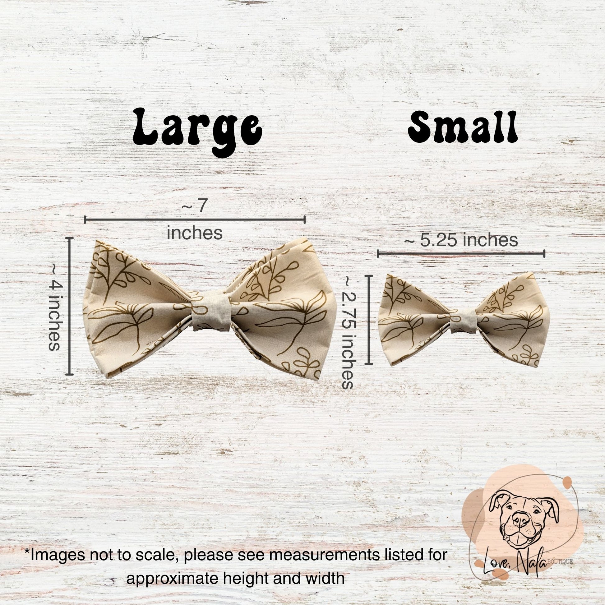Two dog bow ties with measurements on a wooden surface