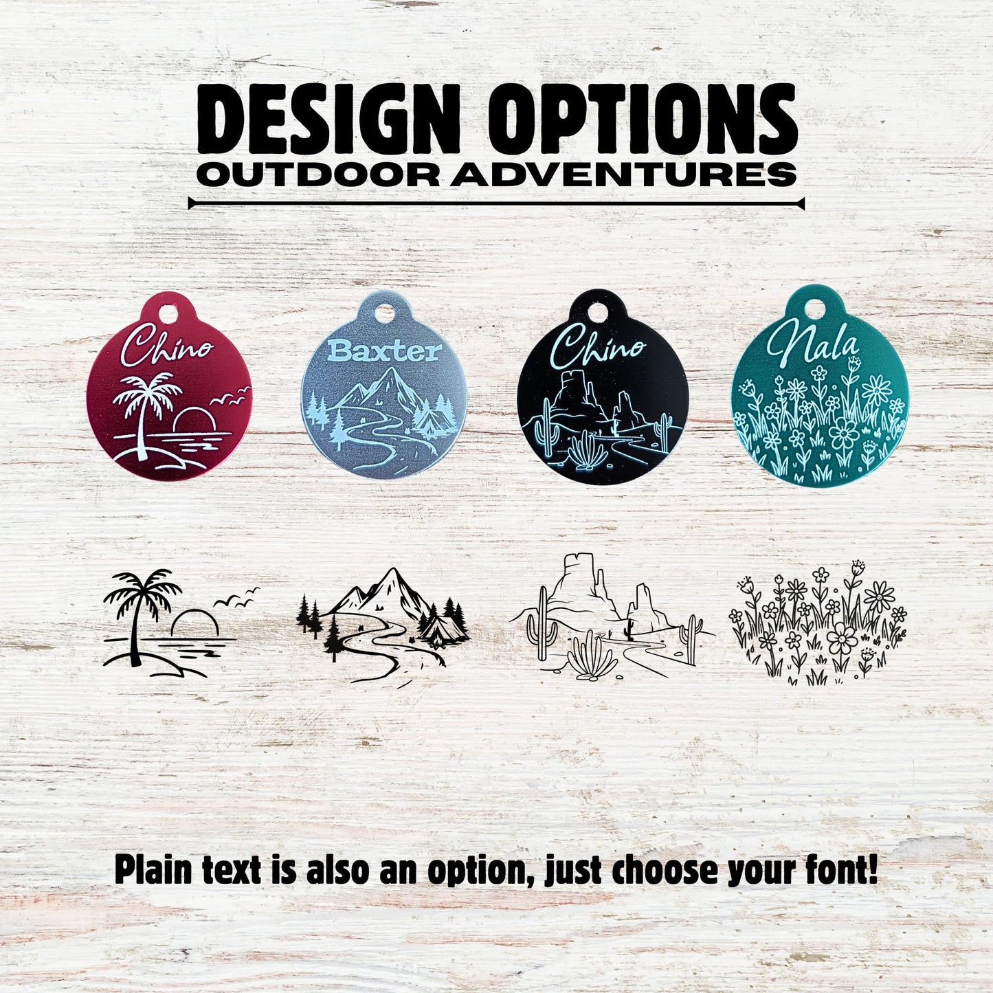 Set of customizable pet tags with outdoor-themed designs on a wooden background.