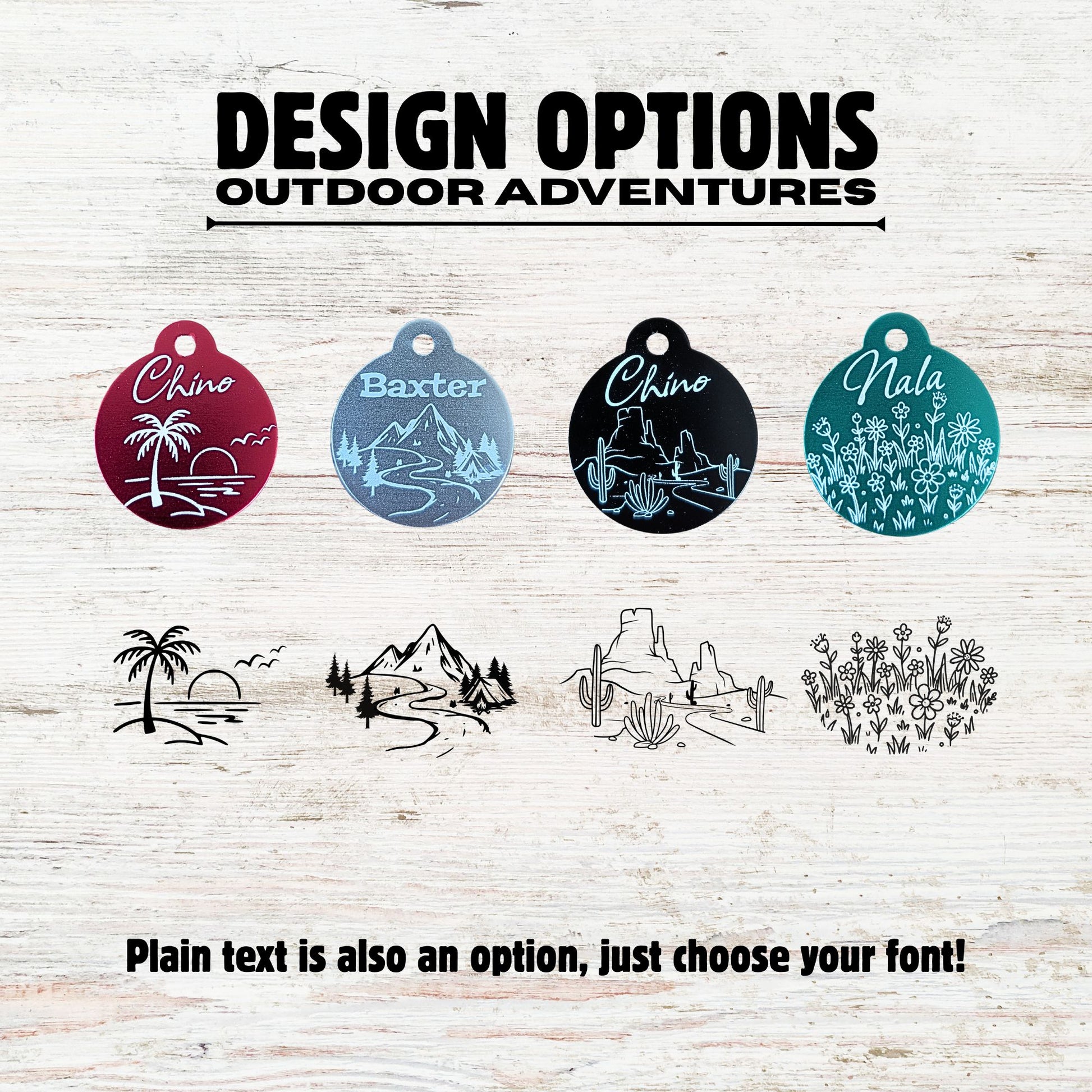 Set of customizable pet tags with outdoor-themed designs on a wooden background.