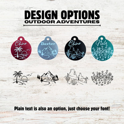 Set of customizable pet tags with outdoor-themed designs on a wooden background.