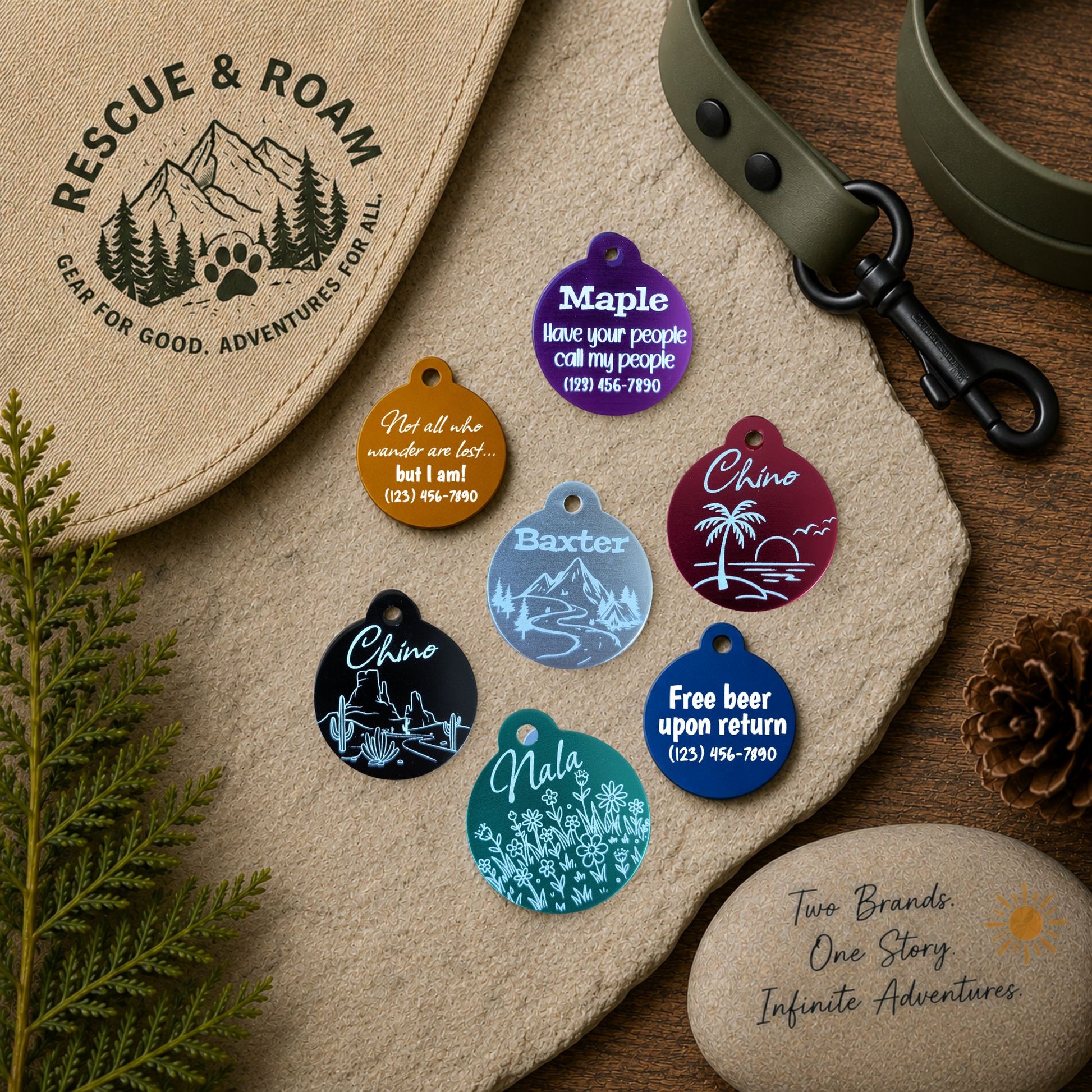 Collection of personalized pet tags on a stone surface with 'Rescue & Roam' branding.