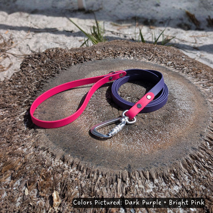 Two tone dog leash, dark purple bright pink, on a palm tree stump with a natural background. The leash has a carabiner style clip.