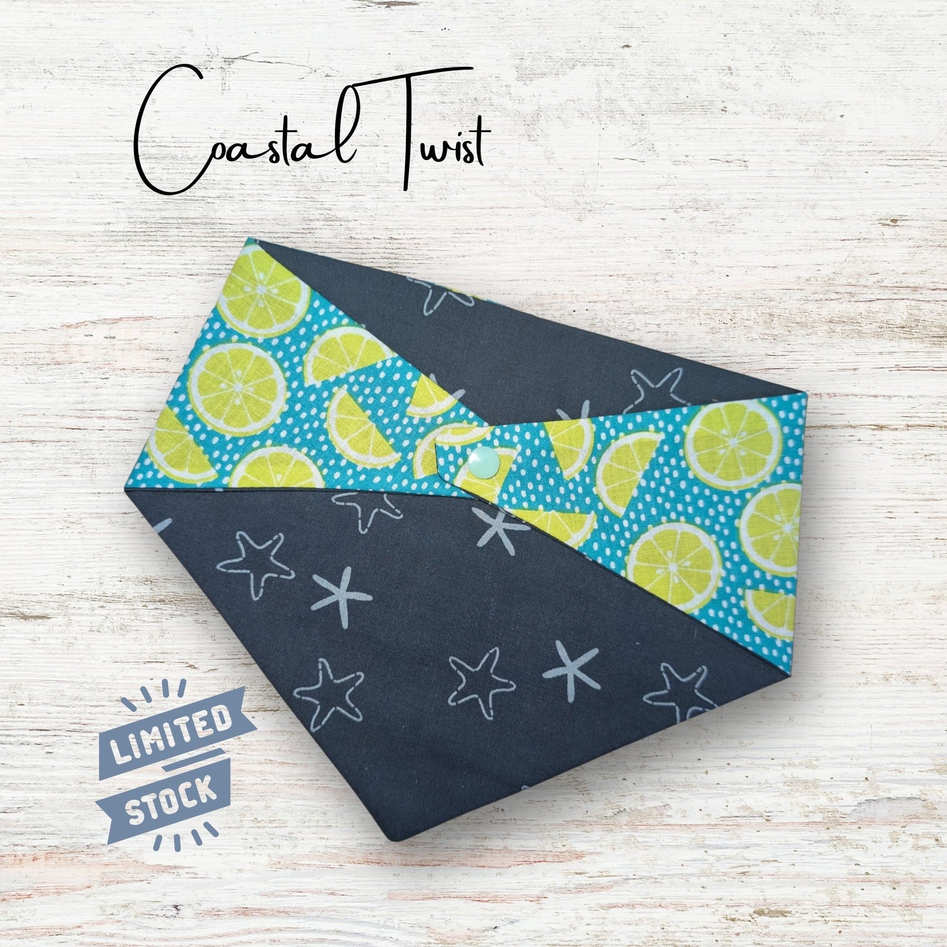 Pet Bandana with limes and star starfish on a wooden surface, featuring 'Coastal Twist' branding.