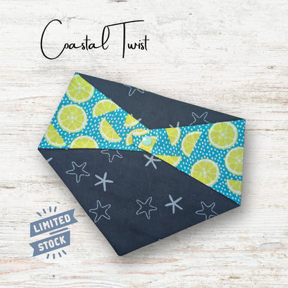 Pet Bandana with limes and star starfish on a wooden surface, featuring 'Coastal Twist' branding.