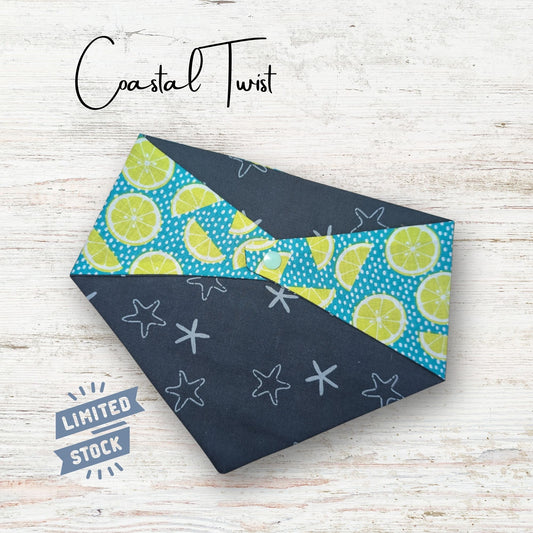 Pet Bandana with limes and star starfish on a wooden surface, featuring 'Coastal Twist' branding.