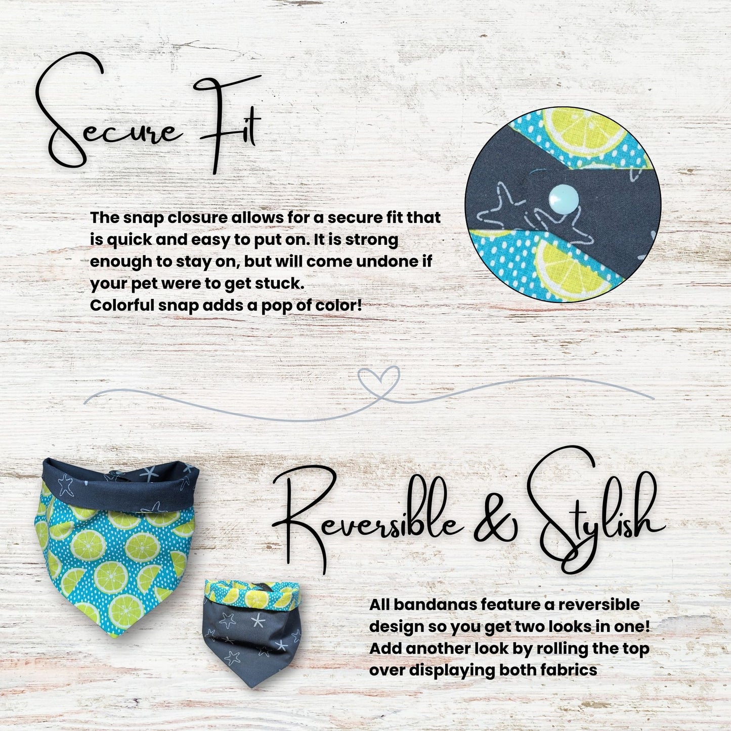 Coastal pet bandana with text highlighting the secure snap closure and the reversible style