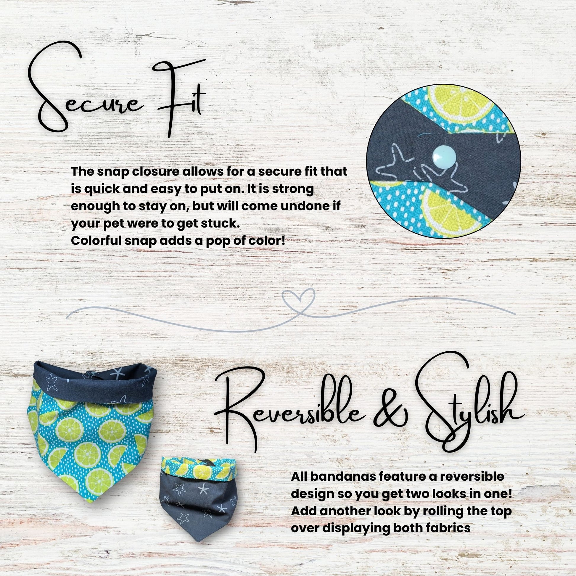 Coastal pet bandana with text highlighting the secure snap closure and the reversible style