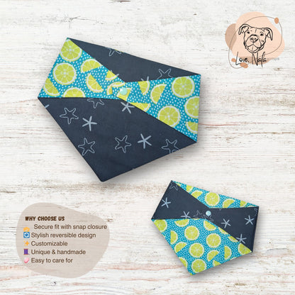 Two dog bandanas with reversible patterns on a wooden surface, featuring a small dog illustration in the corner.