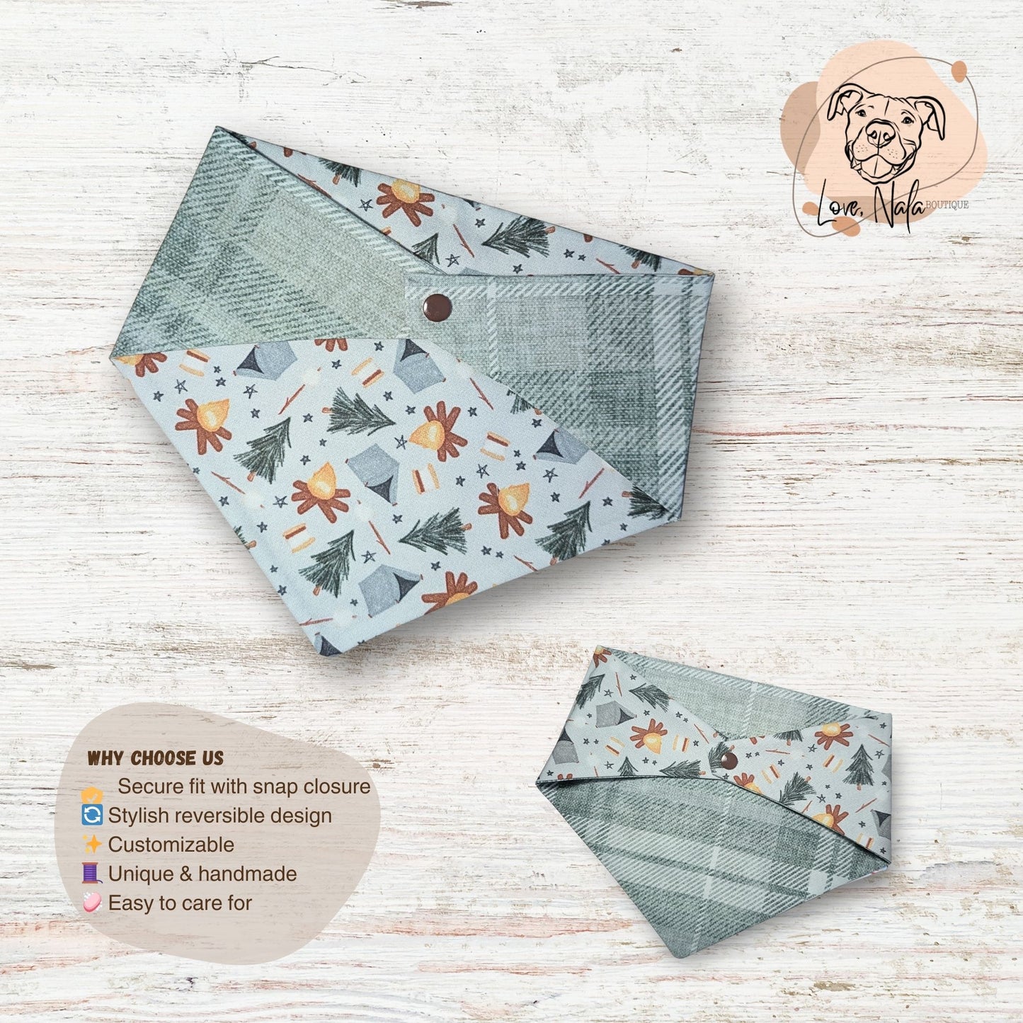 Reversible pet bandanas with outdoor elements such as a campfire, tent, pine tree