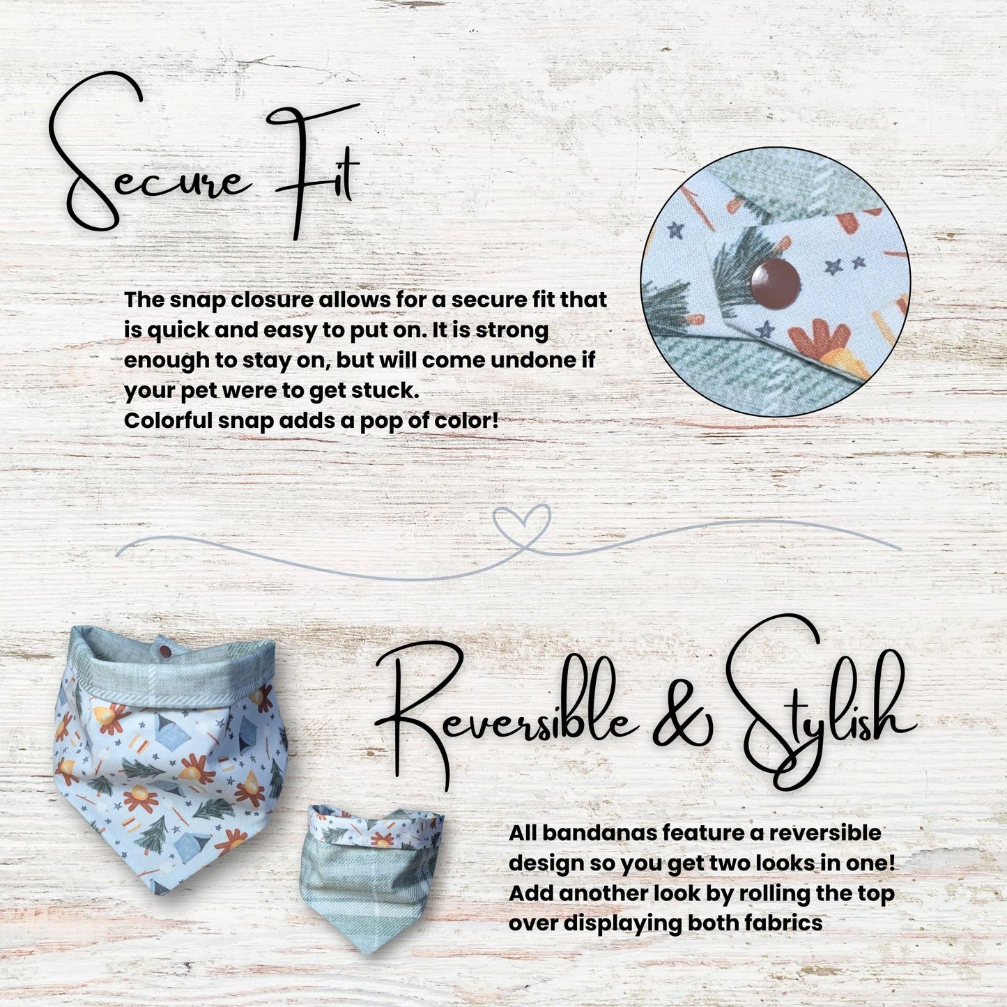Reversible pet bandana with text describing secure fit and reversible design on a light wooden background.