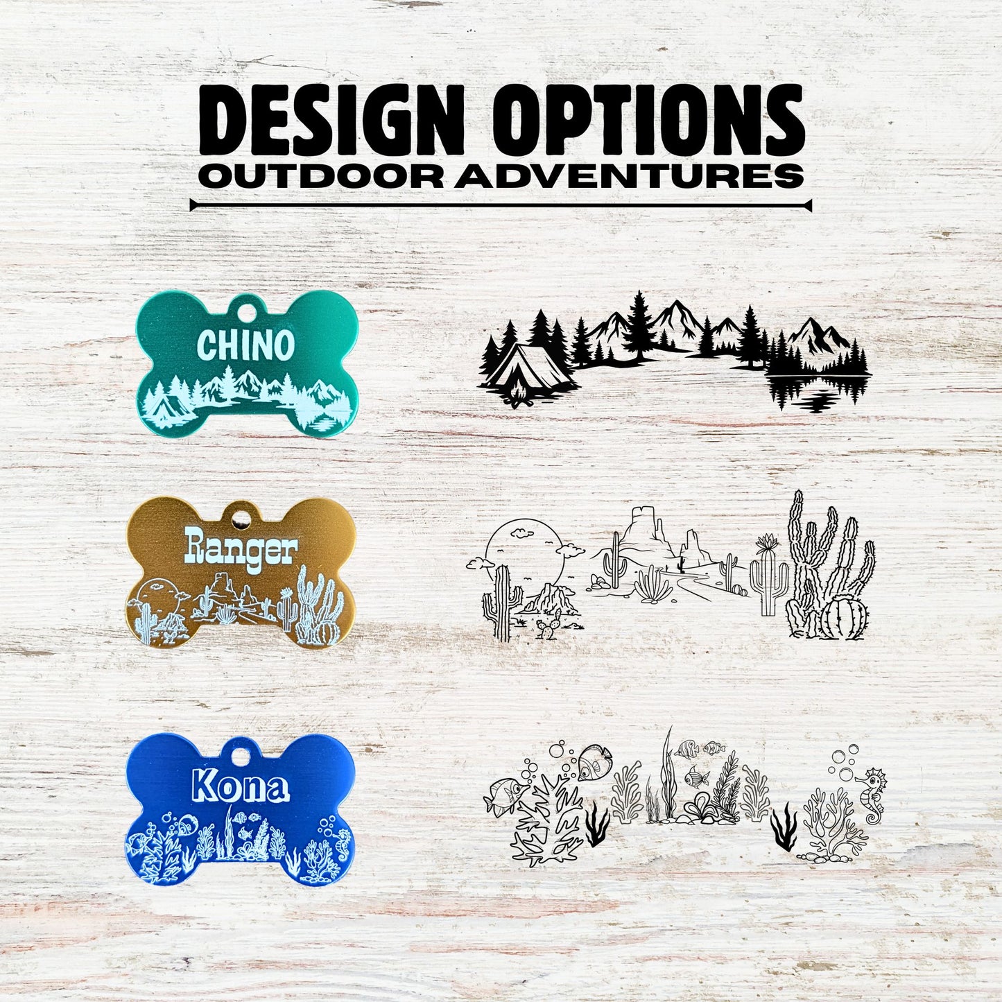 Various outdoor-themed pet name tags with designs on a wooden background.