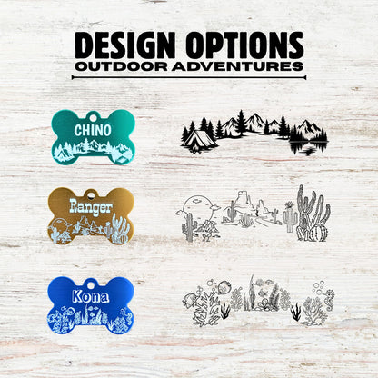 Various outdoor-themed pet name tags with designs on a wooden background.