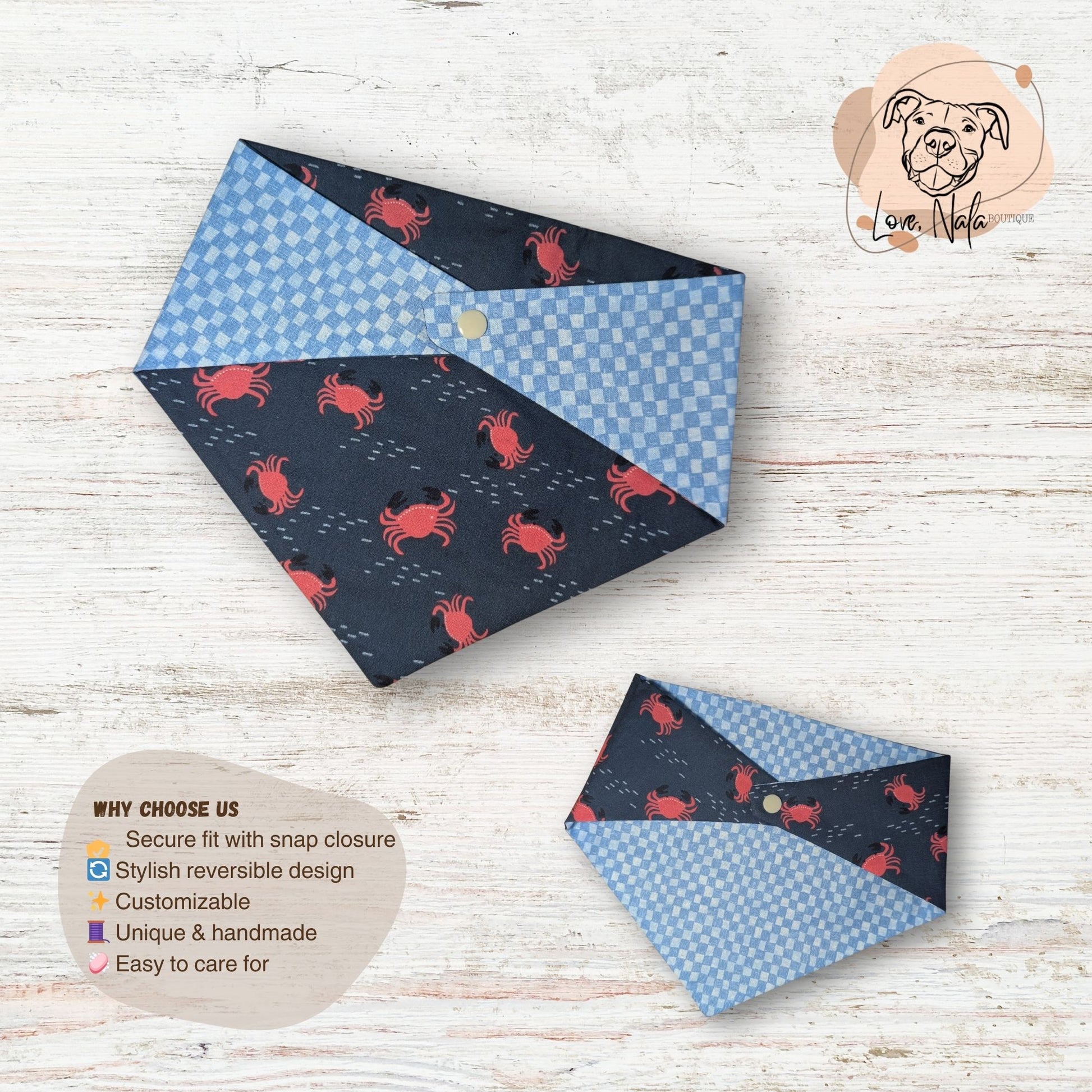 Two patterned bandanas on a wooden surface with a dog logo in the corner.
