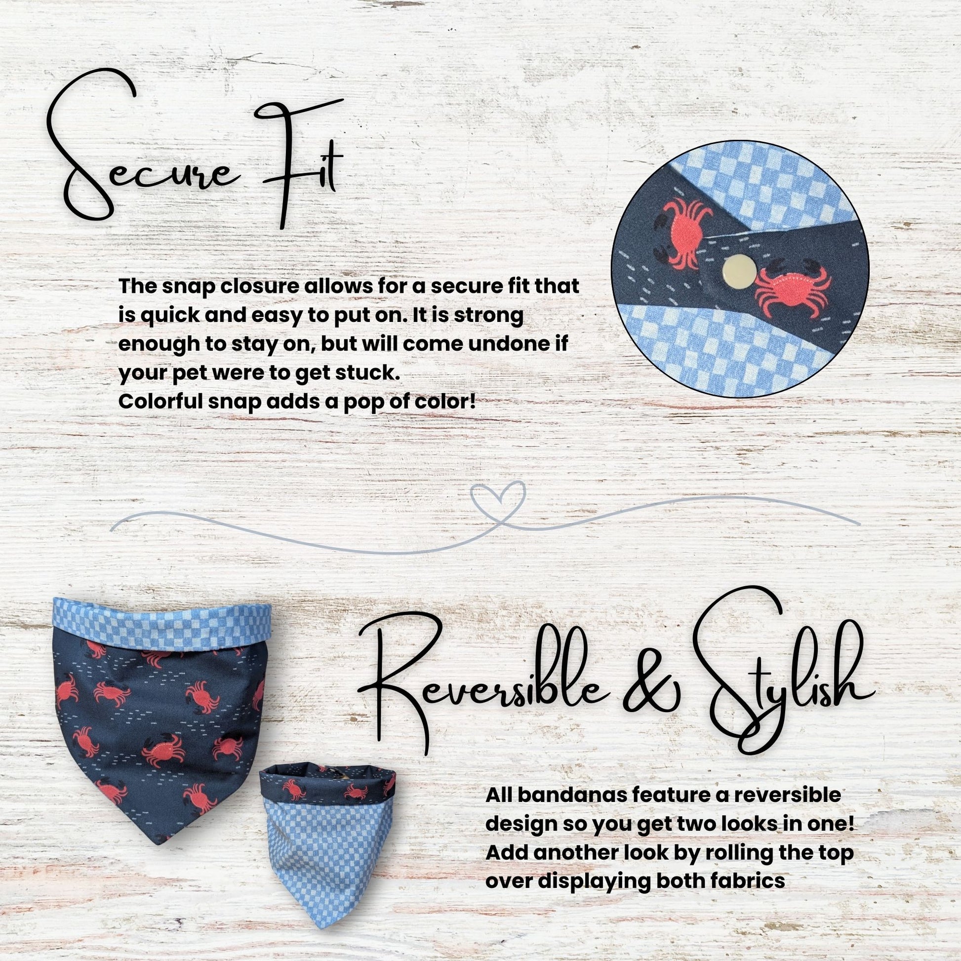 Reversible bandana with text highlighting its secure snap closure and reversible style, laid out on a wooden background