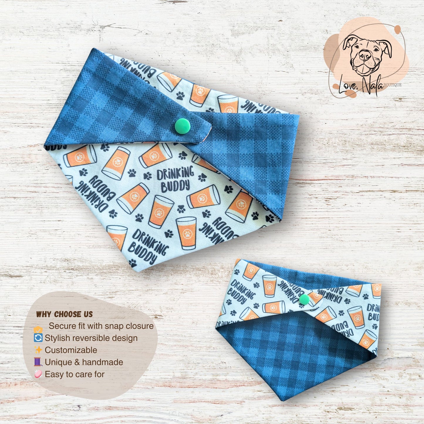 Drinking Buddy Dog Bandana – Reversible Snap-On Style