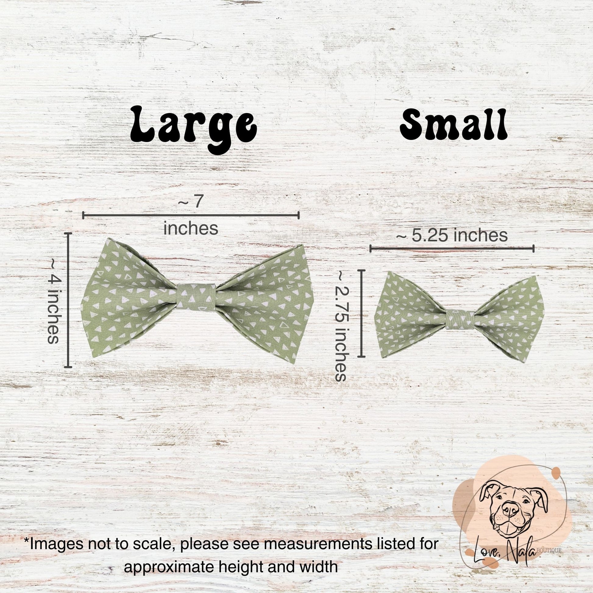 Two green pet bow ties with measurements on a wooden surface