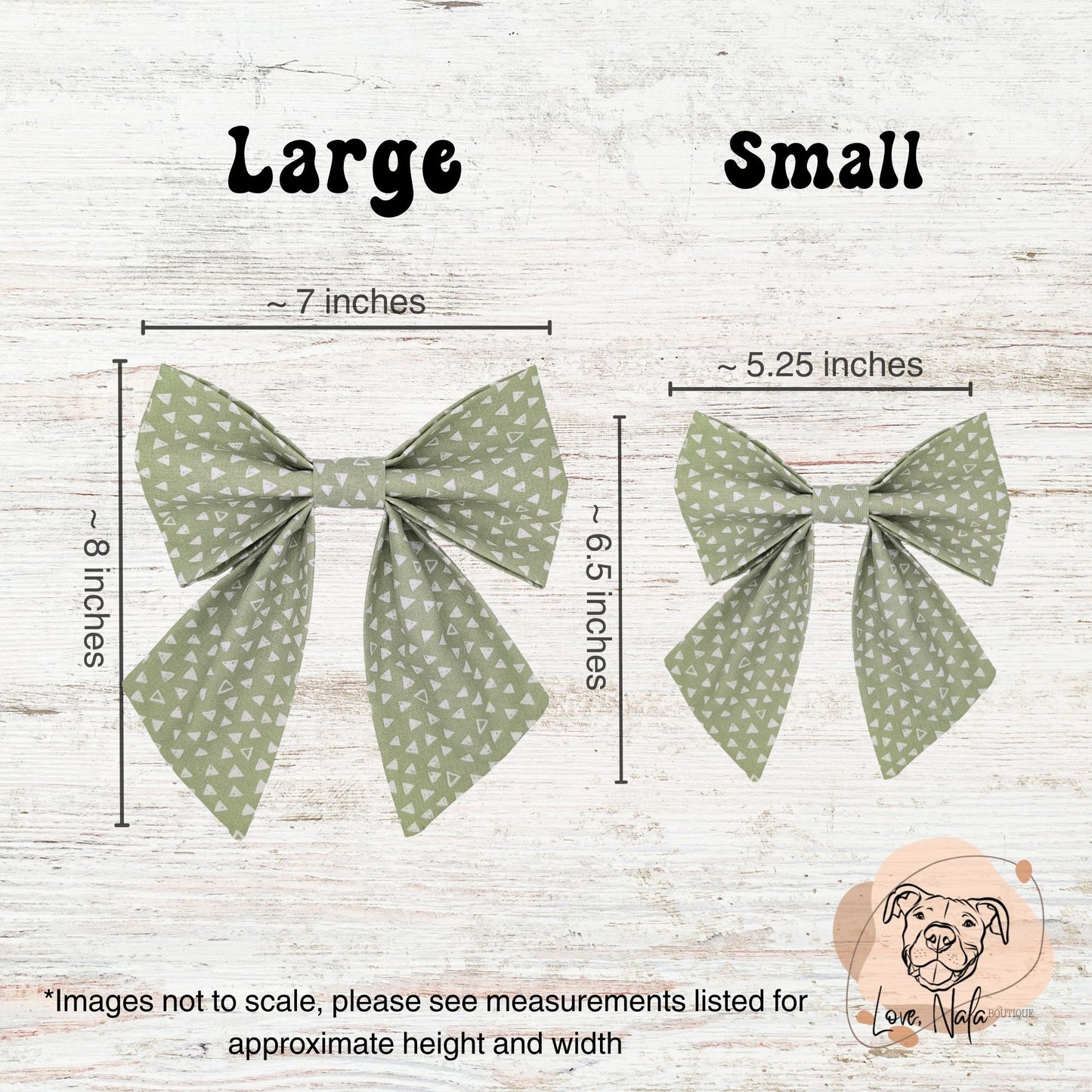 Comparison of large and small green bows with measurements on a wooden background.