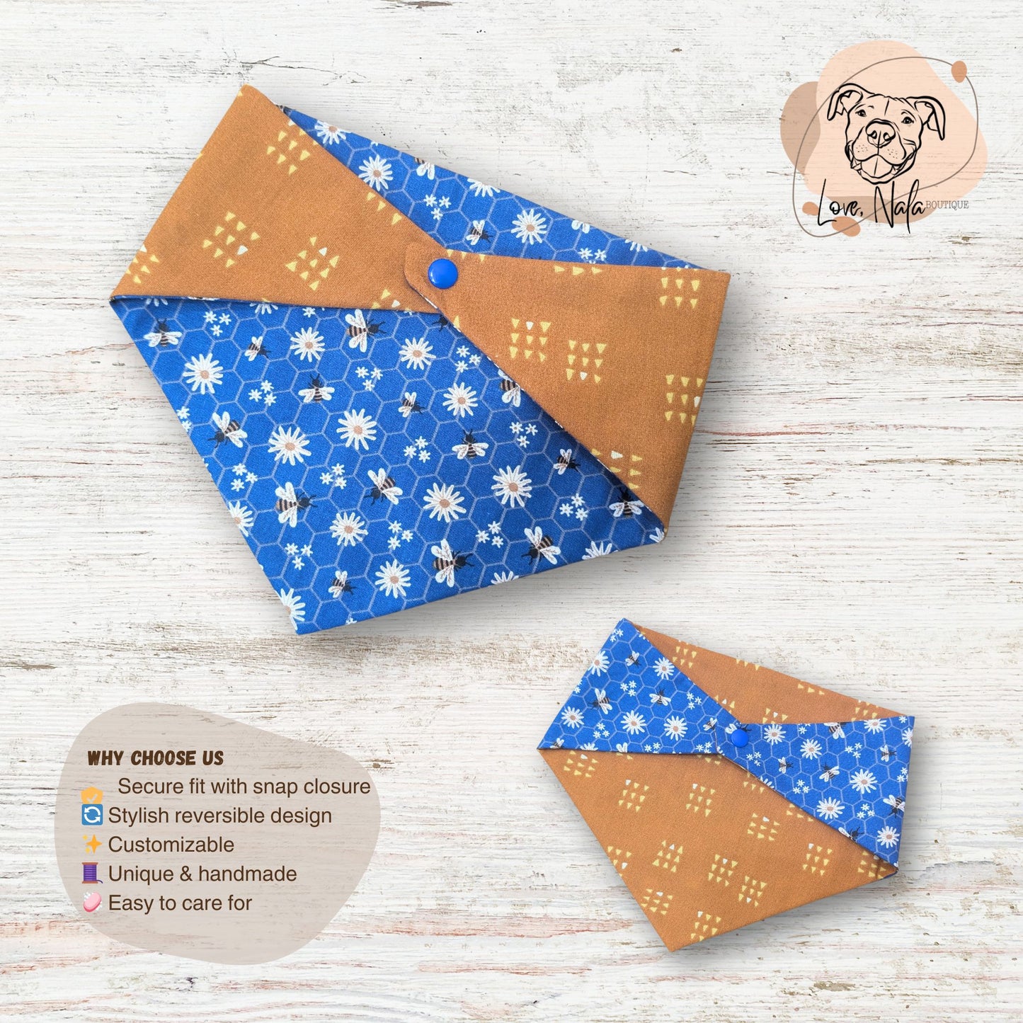 Two fabric bandanas, one blue with white floral pattern and brown, the other brown with blue border and white floral pattern, on a light wooden surface.
