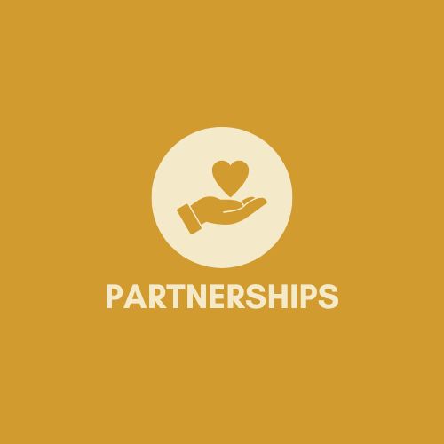 Graphic with a hand holding a heart and the word 'PARTNERSHIPS' on a yellow background