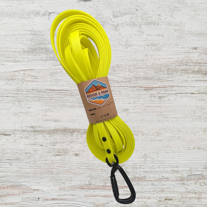 Yellow long line style leash with an autolocking carabiner
