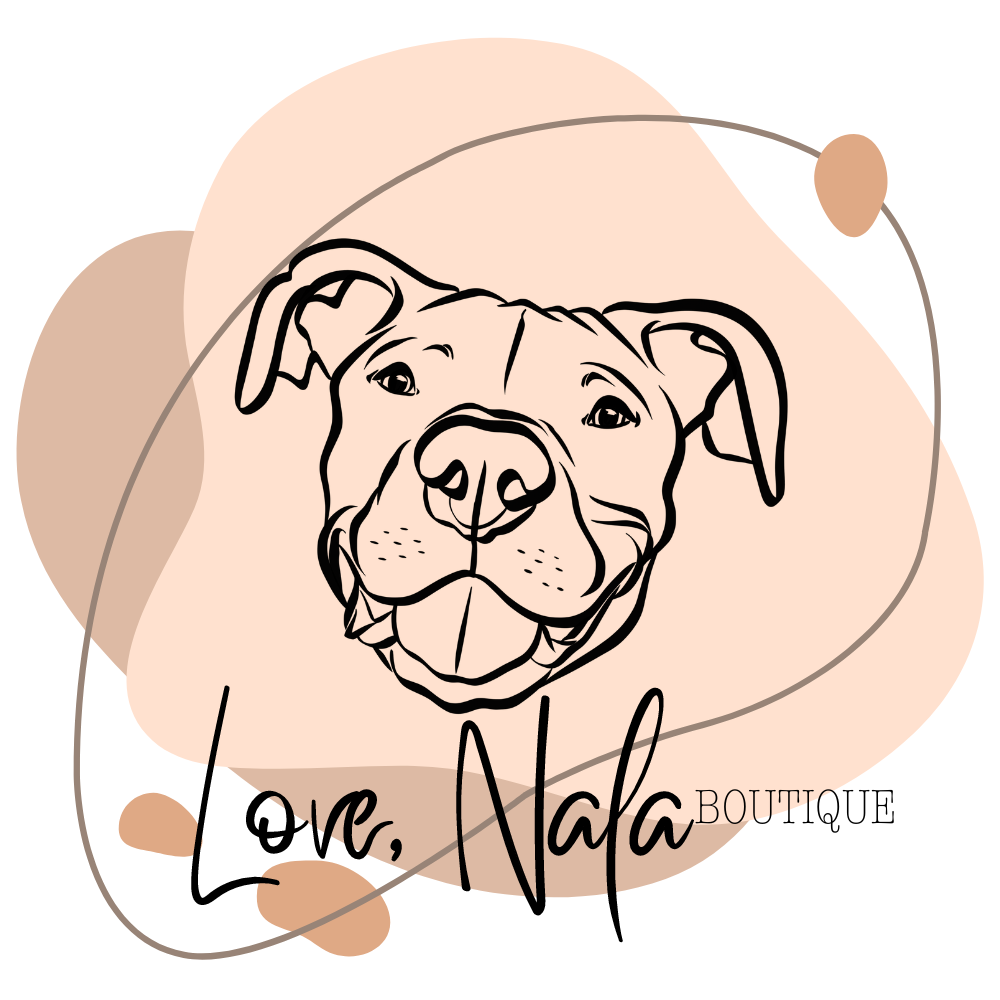 Logo of Love Nala Boutique with a dog illustration on a beige background