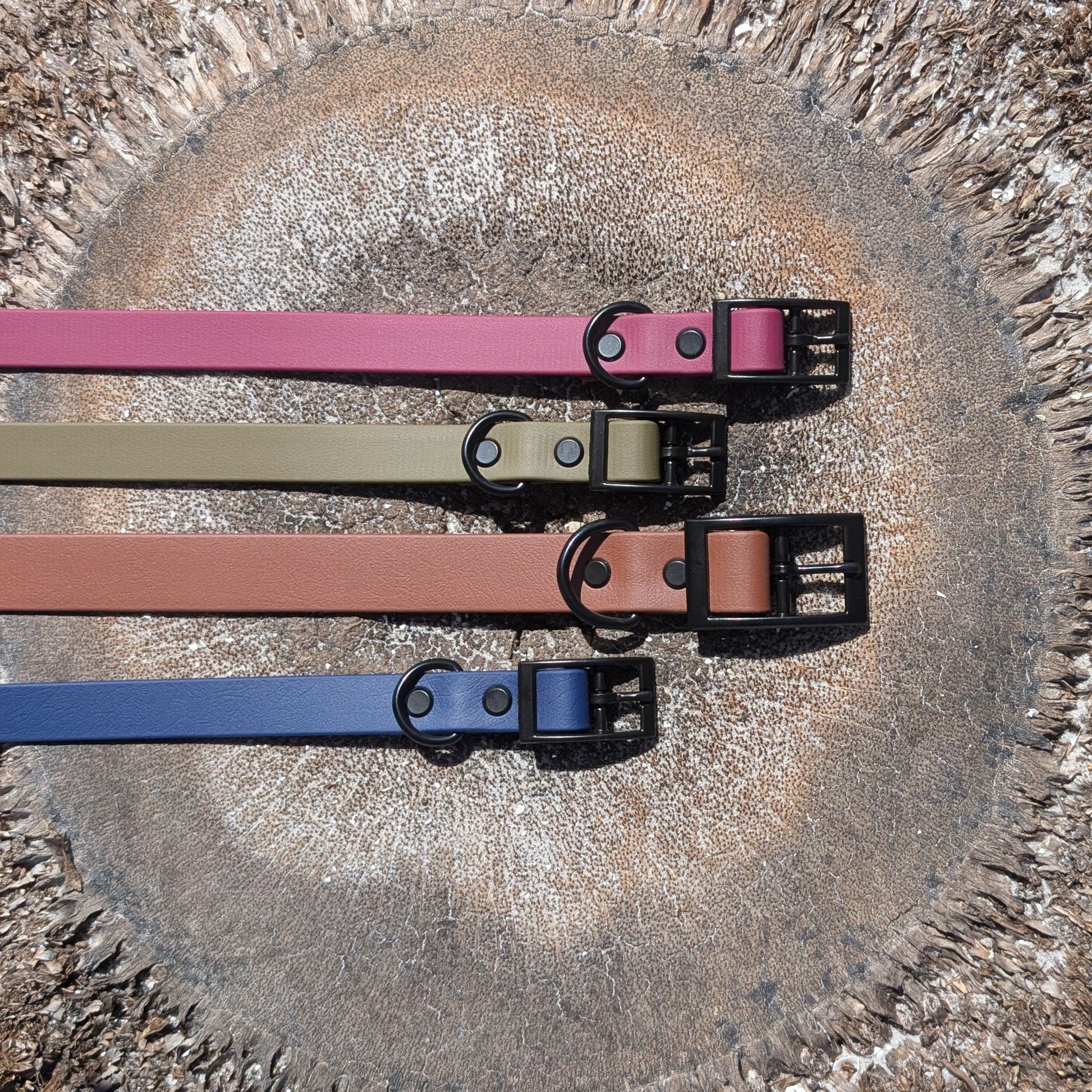Four dog collars in maroon, olive green, brown, and navy blue laying flat on a palm tree stump.