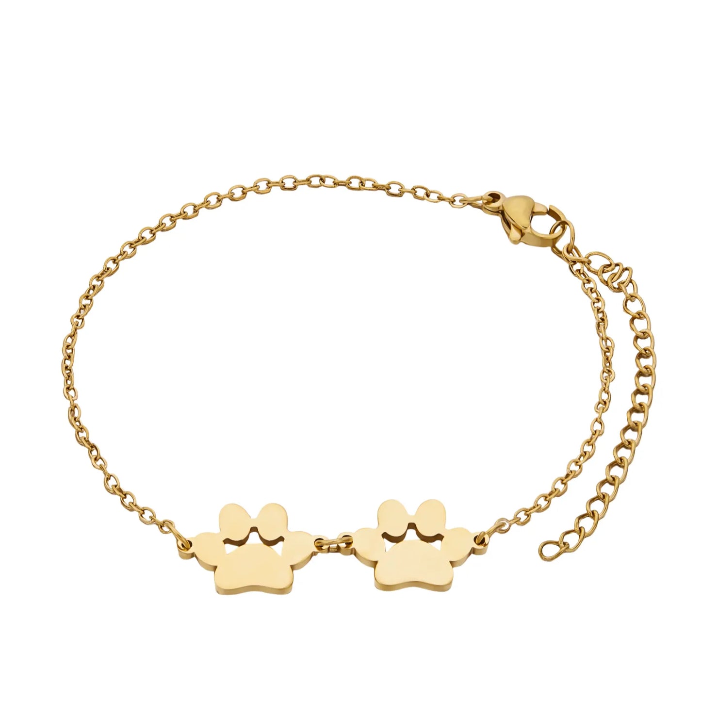 A gold chain bracelet with two interlocking paw print charms, displayed on a clean white background.