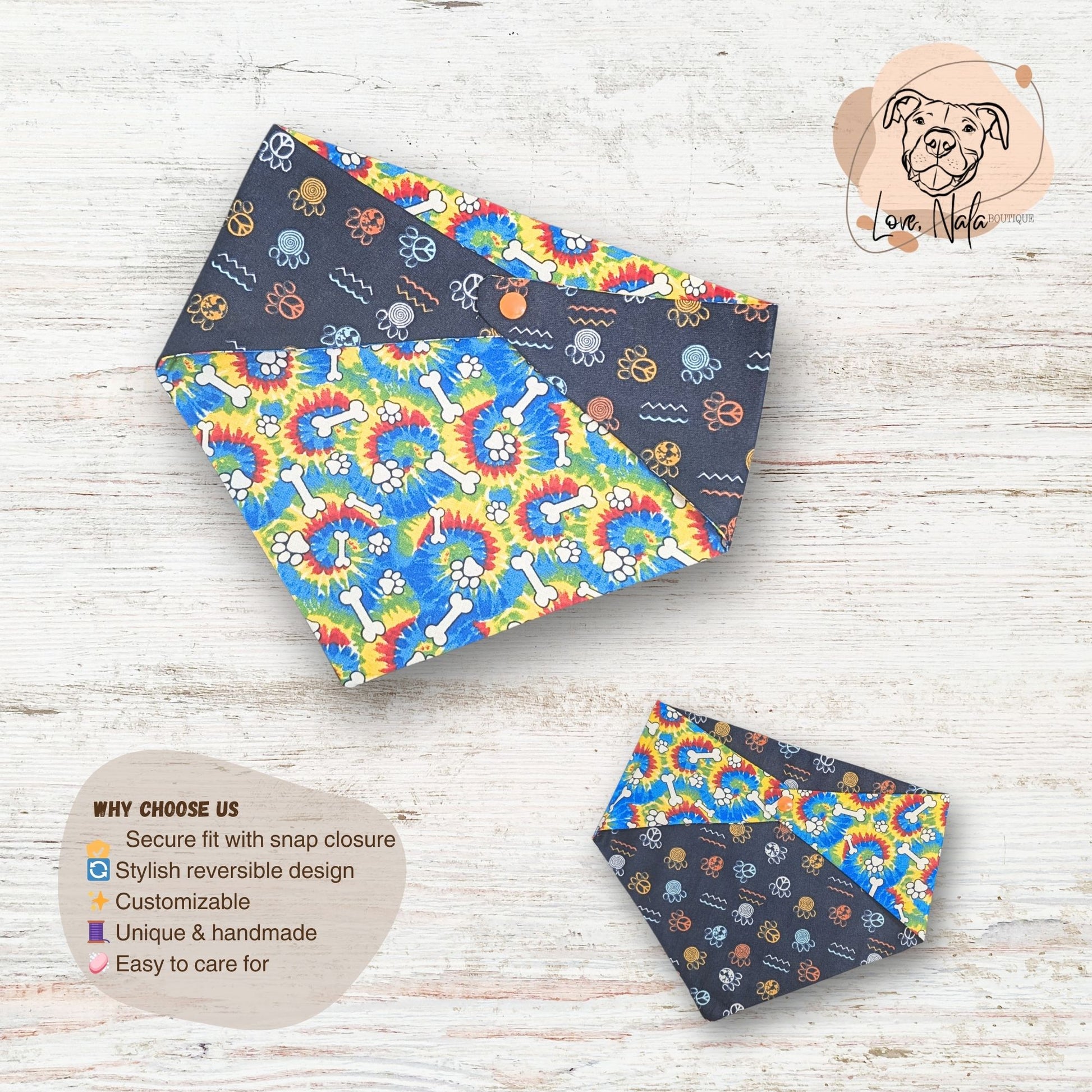 Dog bandanas with colorful patterns on a wooden surface