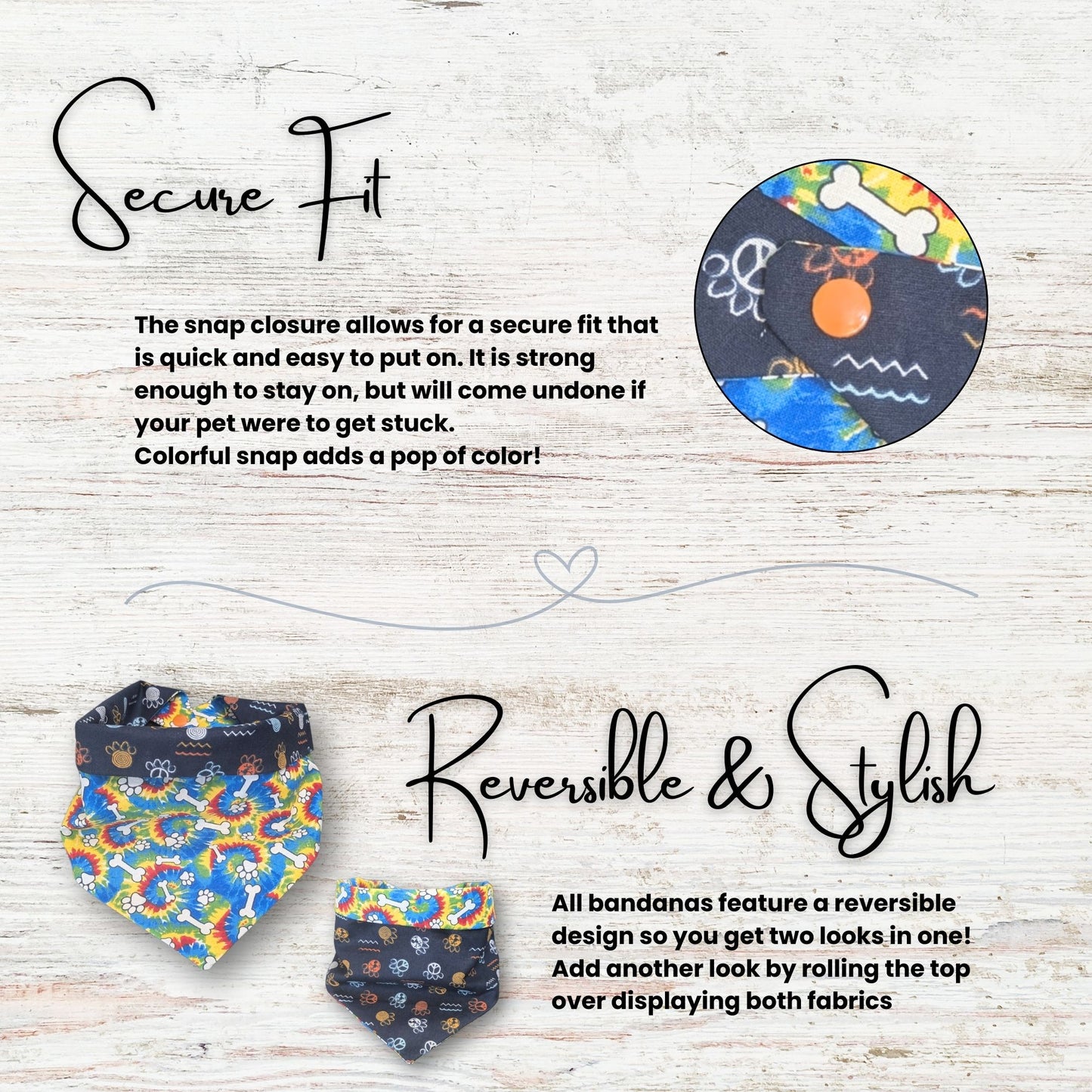 Reversible bandana with colorful design on a wooden surface, featuring text about secure fit and reversibility.