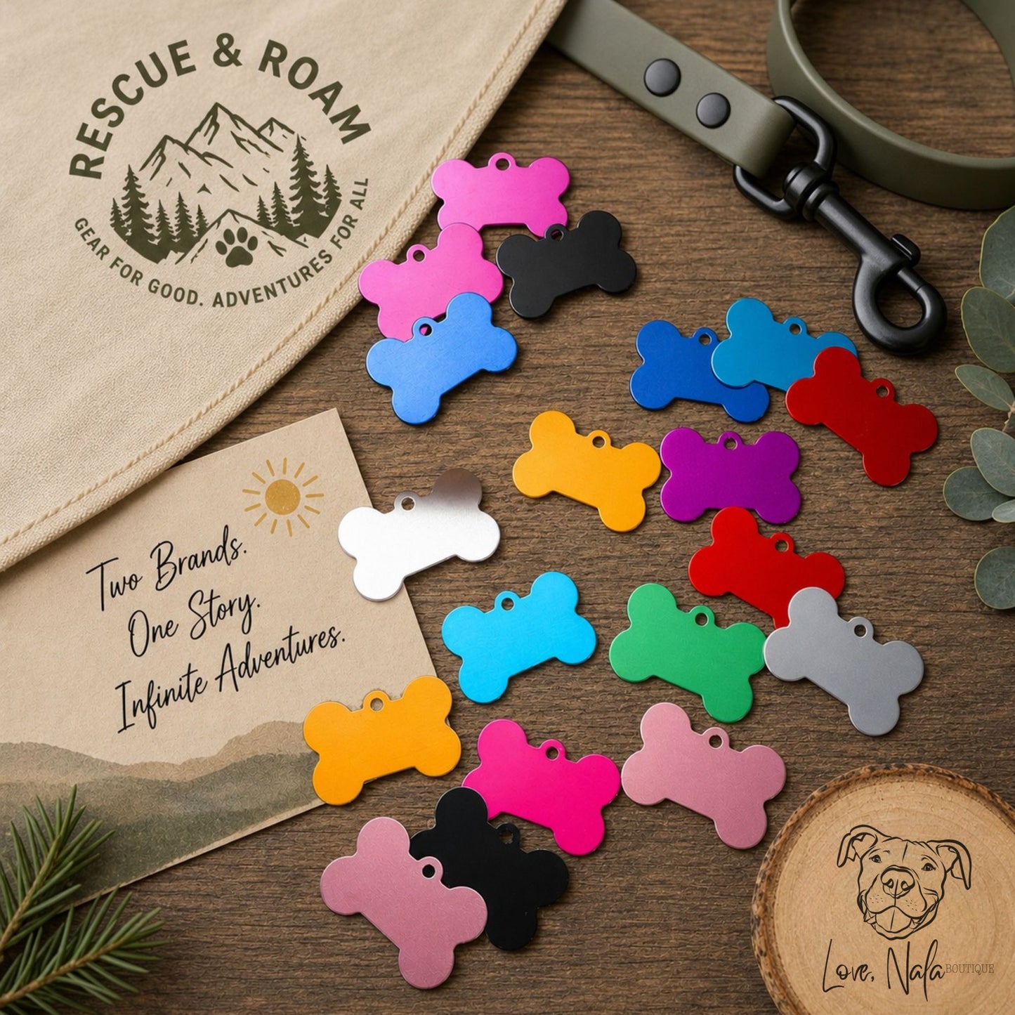 Colorful dog tags on a wooden surface with 'Rescue & Roam' branding.