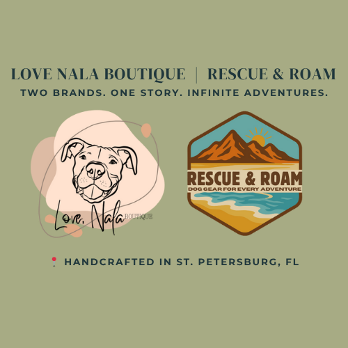 Promotional graphic for Love Nala Boutique and Rescue & Roam with brand logos and text on a green background.