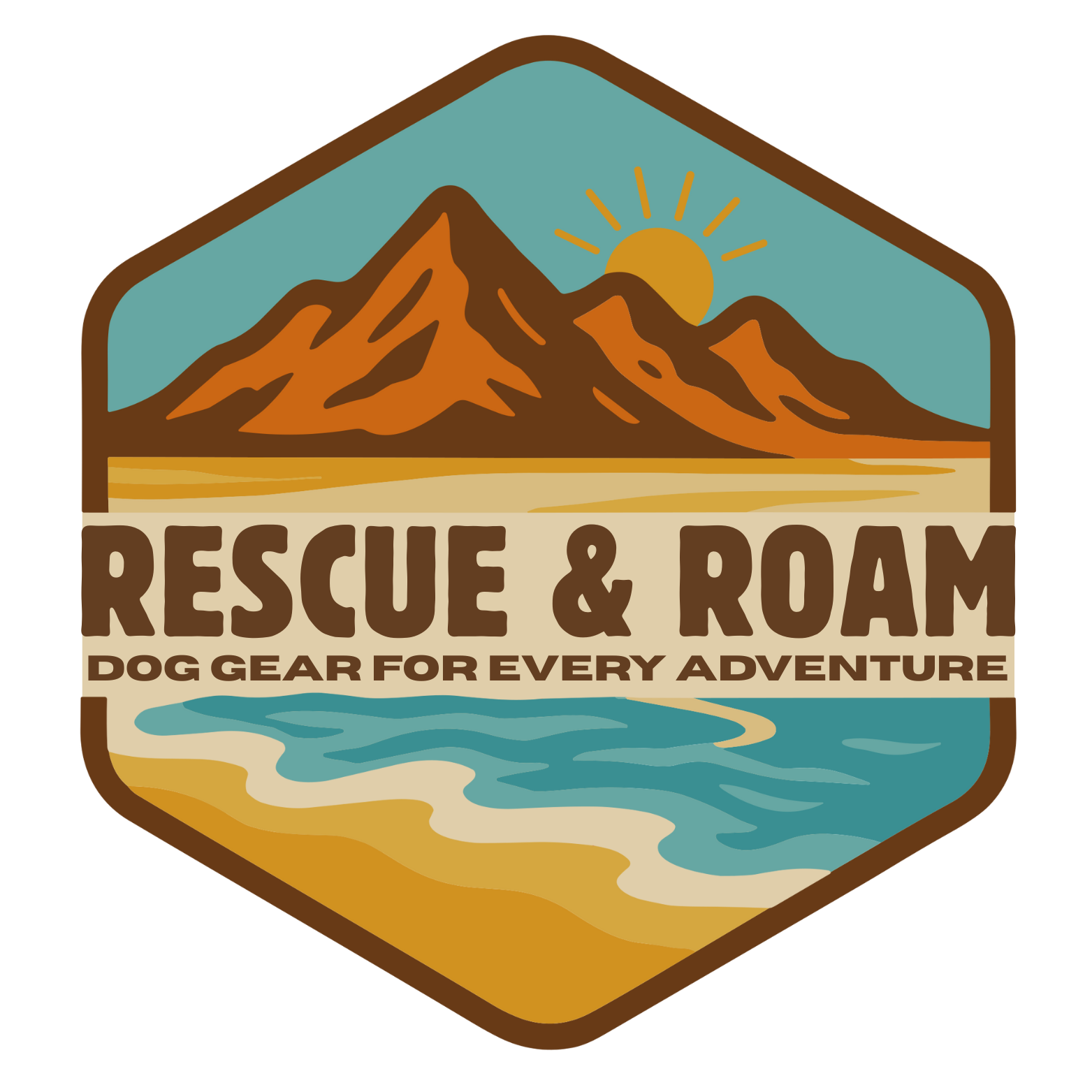 Logo with mountains, lake, and text 'Rescue & Roam' on a white background