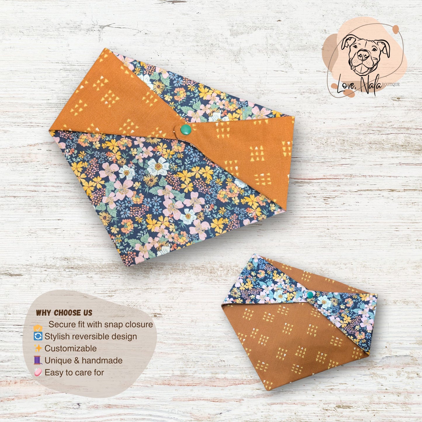 Floral and brown patterned pet bandanas on a light wooden surface with a dog illustration in the corner.