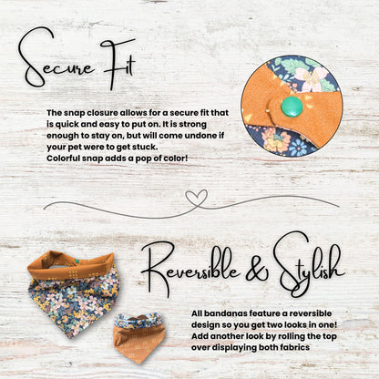 Reversible bandana with floral and brown design on a light wooden background