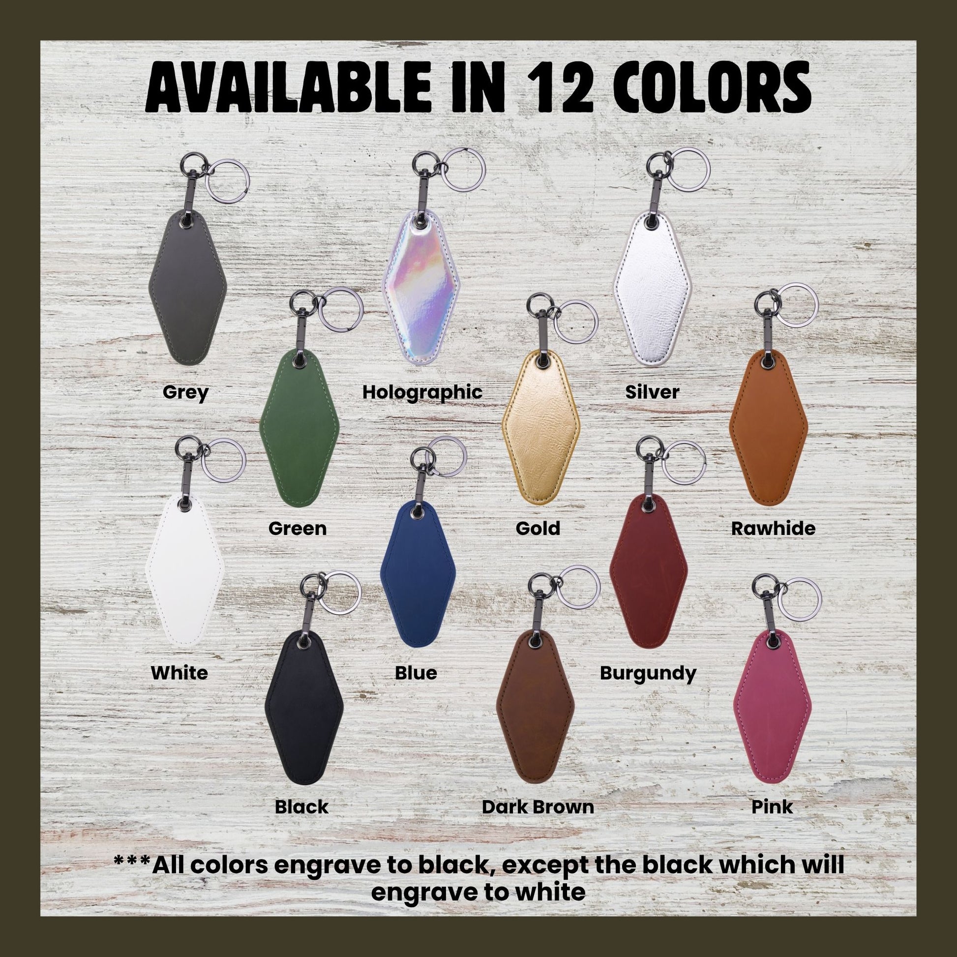A color options chart showing multiple diamond-shaped leather keychains in different colors, including grey, holographic, silver, brown, green, gold, rawhide, white, blue, burgundy, black, dark brown, and pink, labeled with their names on a light wood background.