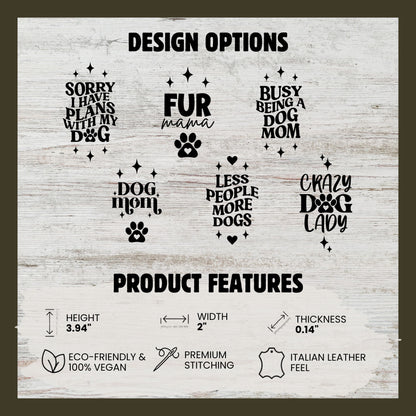 A product information graphic showing six black leather-look text and paw-print designs on a whitewashed wood background, with headings 'DESIGN OPTIONS' and 'PRODUCT FEATURES' plus size and material details.