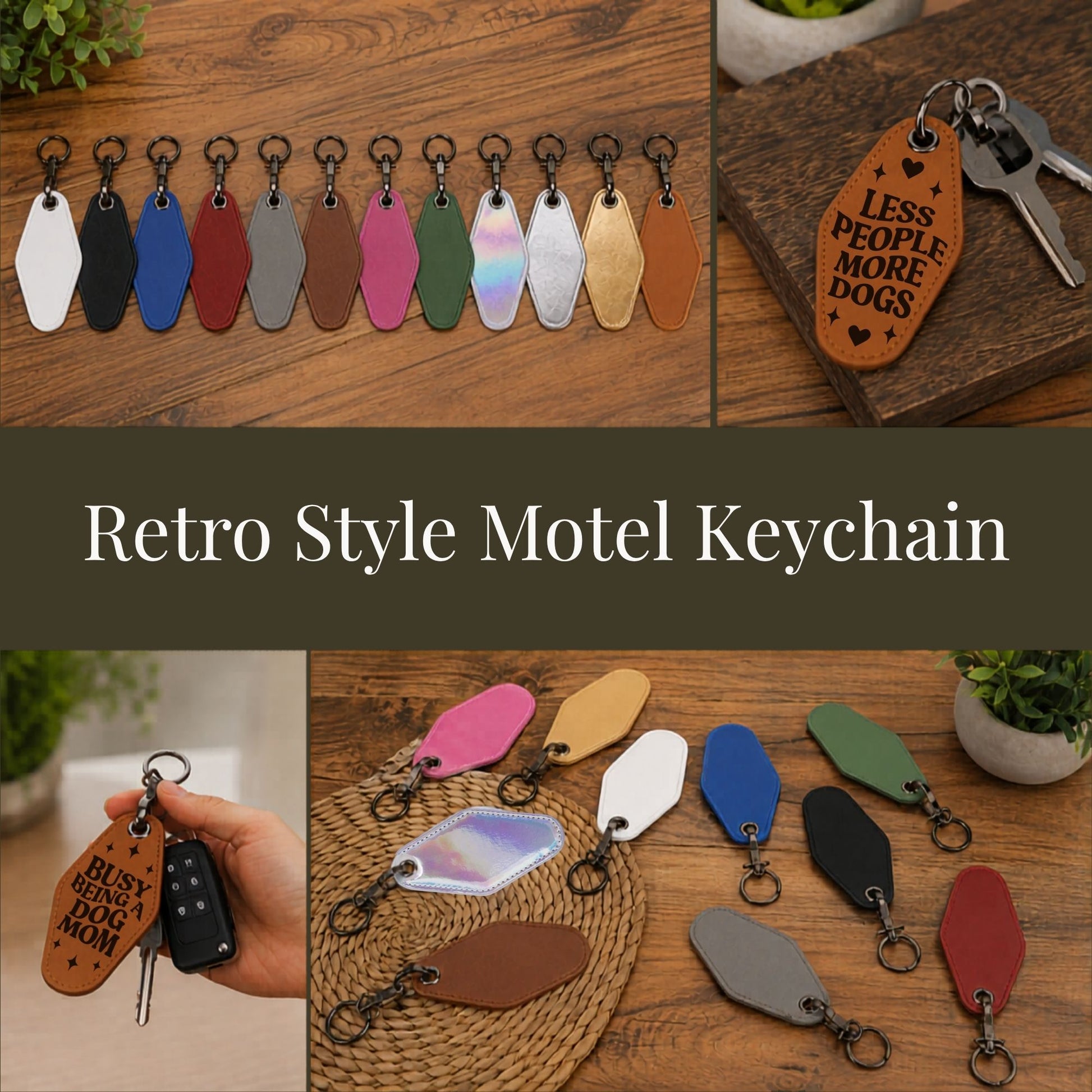 A collage showing multiple retro-style motel keychains in assorted colors, with one keychain engraved with 'LESS PEOPLE MORE DOGS' on a wooden board and another shown being held in a hand. The text 'Retro Style Motel Keychain' appears across the center.