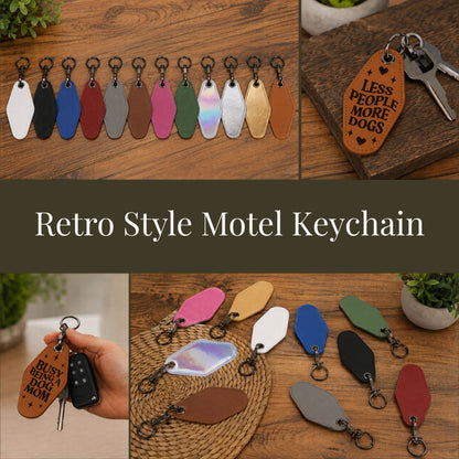 A collage showing multiple retro-style motel keychains in assorted colors, with one keychain engraved with 'LESS PEOPLE MORE DOGS' on a wooden board and another shown being held in a hand. The text 'Retro Style Motel Keychain' appears across the center.