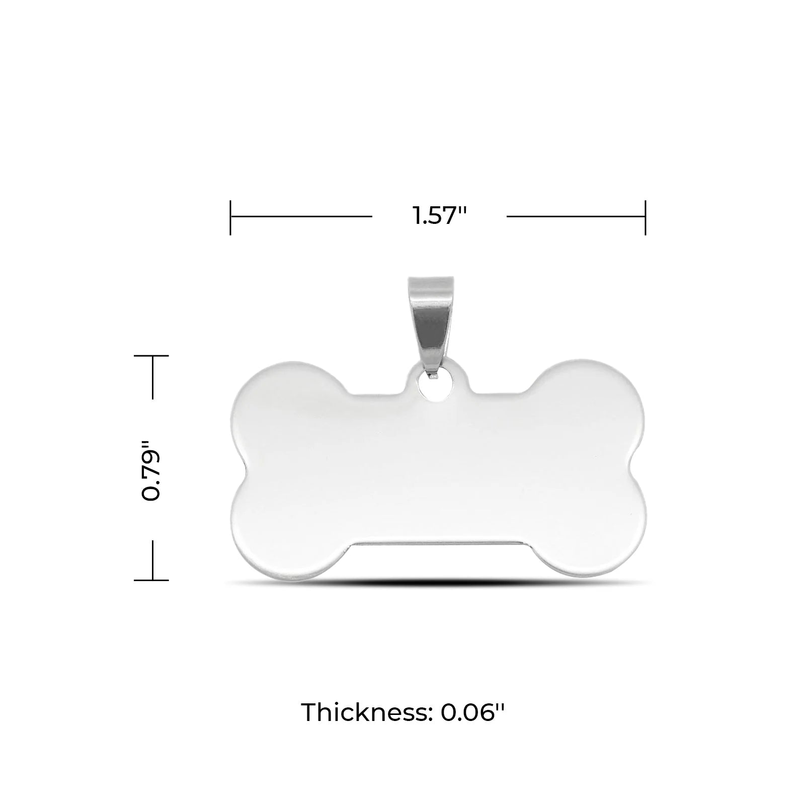 White bone-shaped pendant with dimensions on a white background