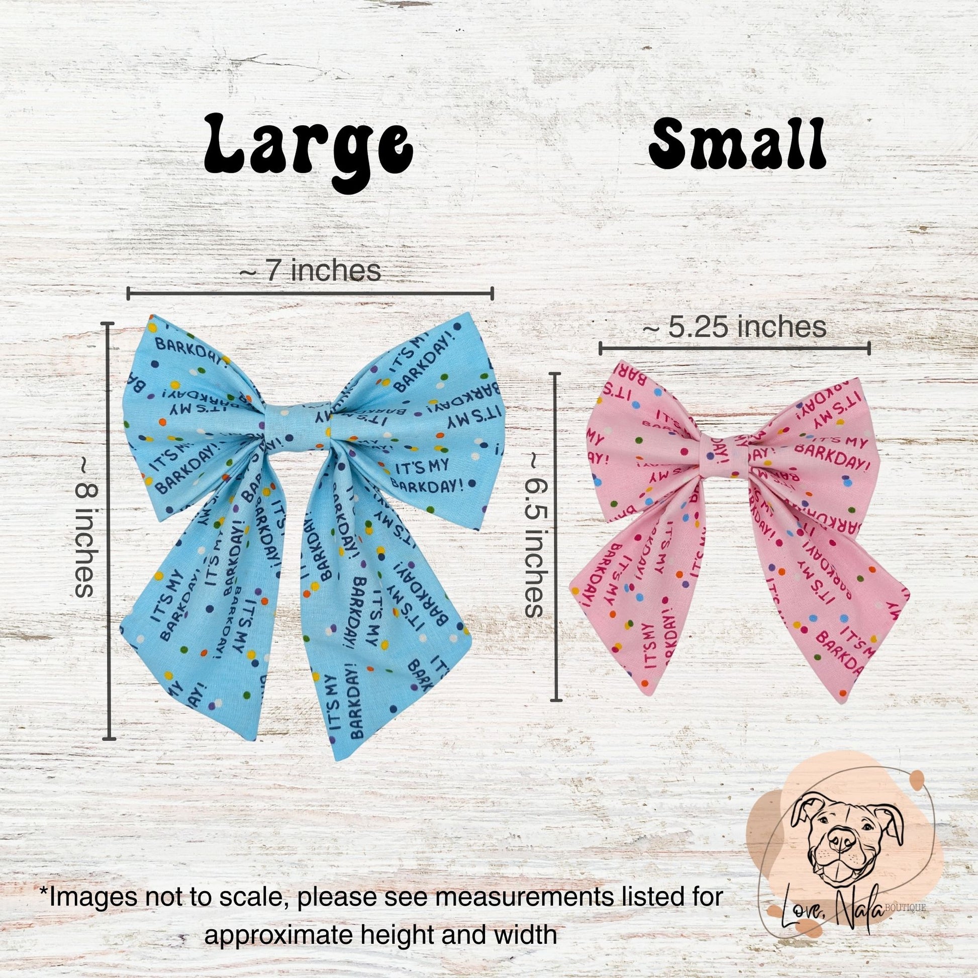 Size chart for pet sailor bows. The bows are on a light wooden background and features the measurements for the large and small sizes