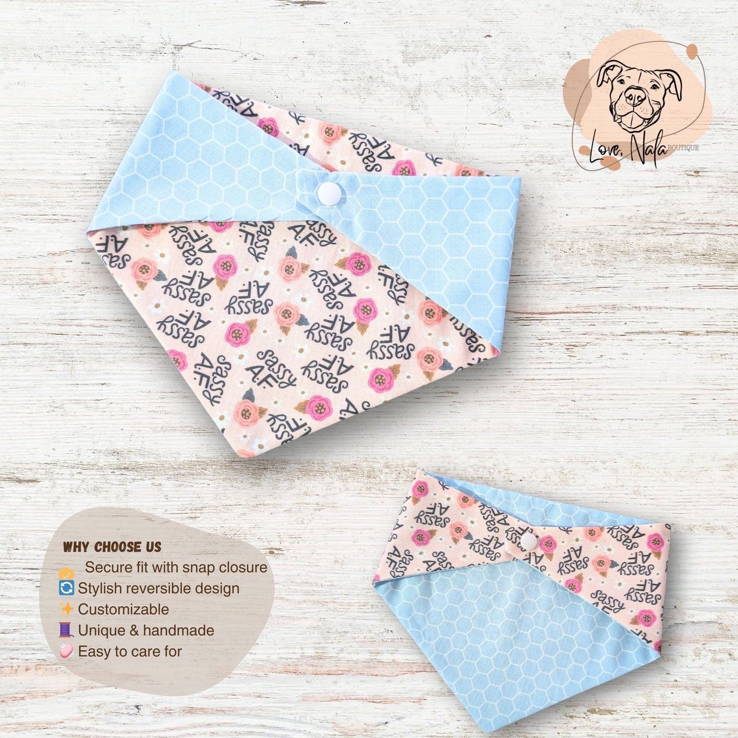 Sassy AF Pet Bandana – Reversible Snap-On Style