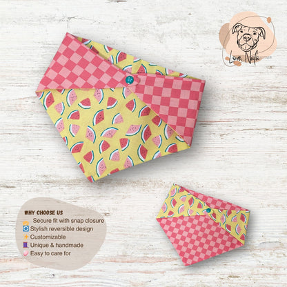 Two colorful dog bandanas with checkered and watermelon patterns on a wooden surface.
