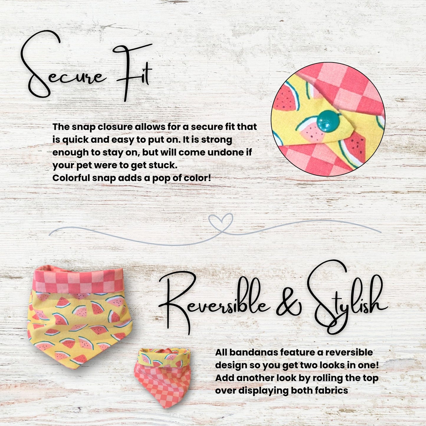 Reversible bandana with colorful design on a wooden surface, featuring text about secure fit and reversibility.