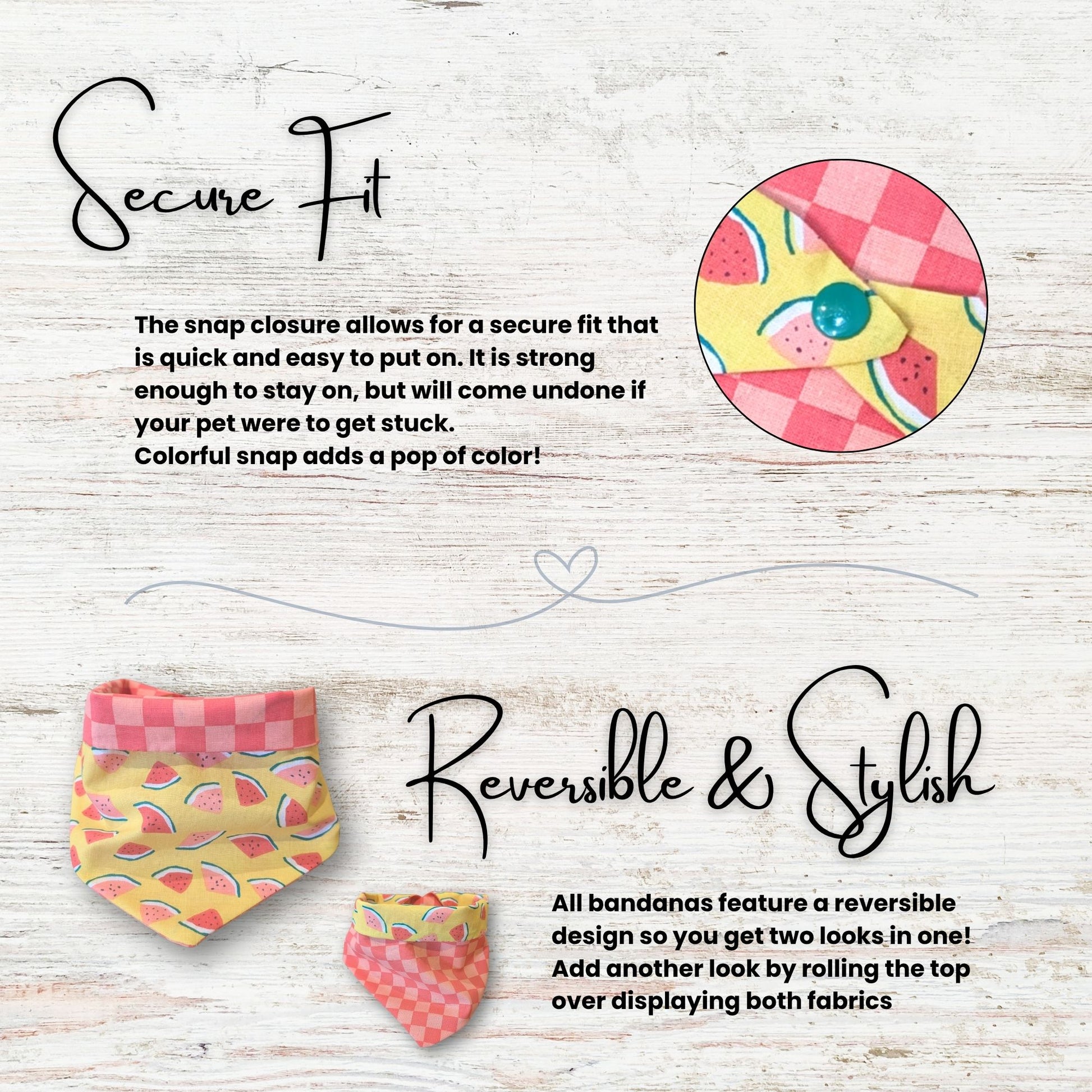 Reversible bandana with colorful design on a wooden surface, featuring text about secure fit and reversibility.
